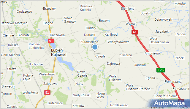 mapa Czaple, Czaple gmina Lubień Kujawski na mapie Targeo
